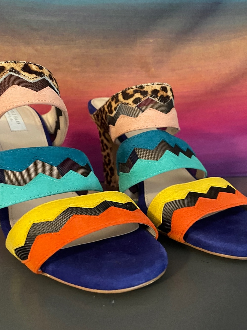 Cole Haan Amelia Haircalf Leopard Multicolor Suede Block High Heel Sandals 6B - Picture 3 of 12